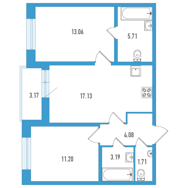 3-комнатная (Евро) квартира, 57.67 м² в ЖК "Искра-Сити" - планировка, фото №1
