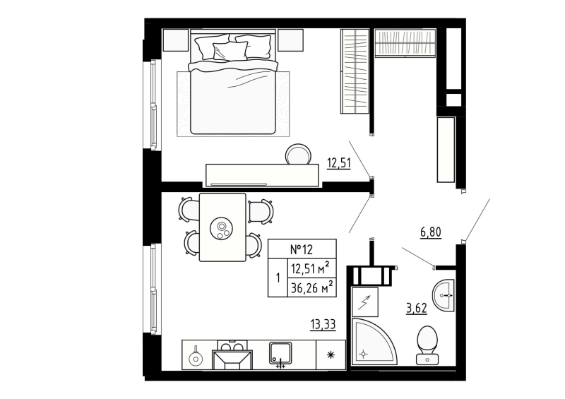 1-комнатная квартира, 36.26 м² - планировка, фото №1