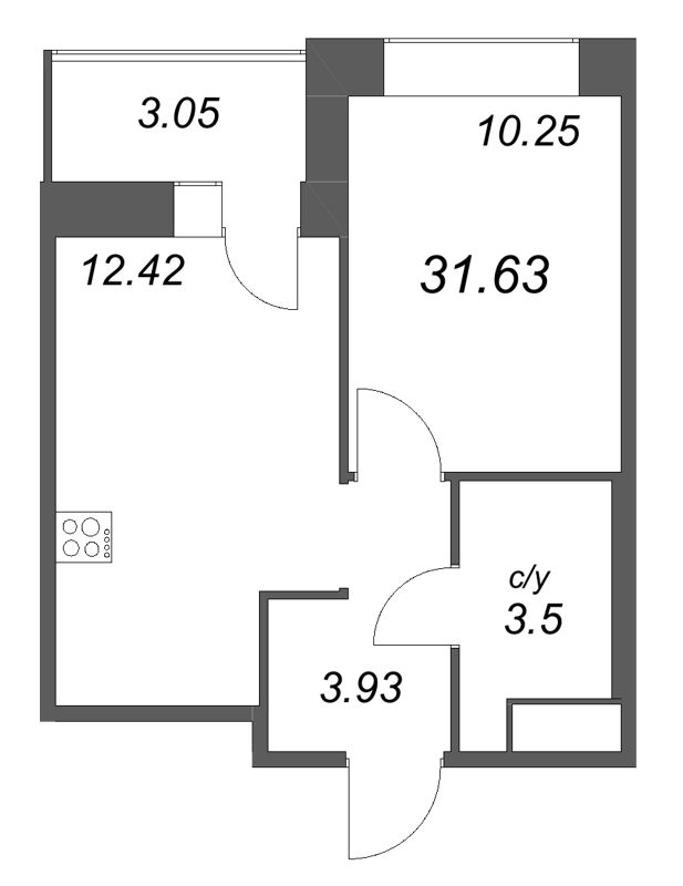 1-комнатная квартира, 31.63 м² в ЖК "Уютный" - планировка, фото №1