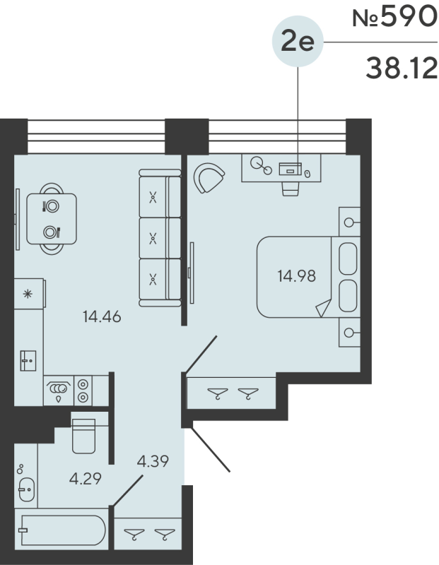 2-комнатная (Евро) квартира, 38.12 м² в ЖК "Bashni Element" - планировка, фото №1