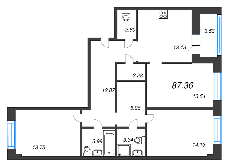 3-комнатная квартира, 87.36 м² в ЖК "Уютный" - планировка, фото №1