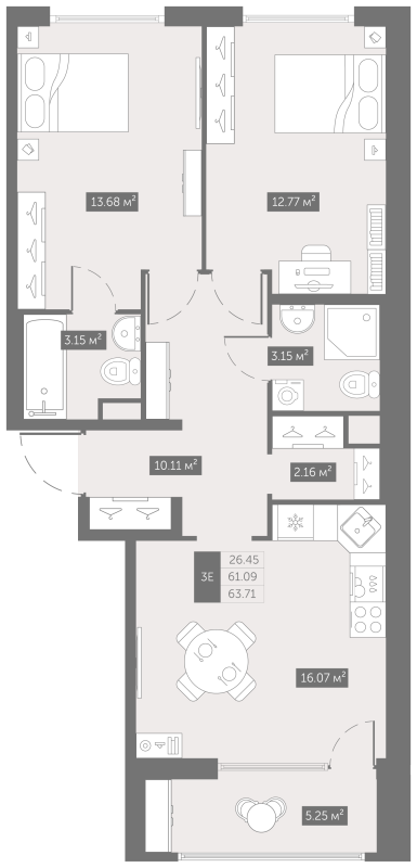 3-комнатная (Евро) квартира, 63.71 м² - планировка, фото №1