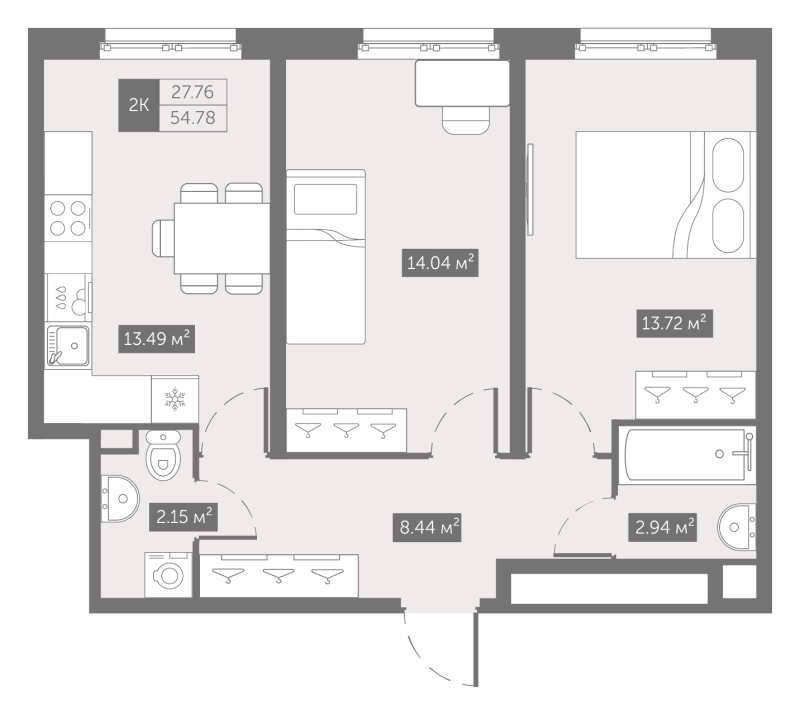 2-комнатная квартира, 54.78 м² в ЖК "Zoom на Неве" - планировка, фото №1