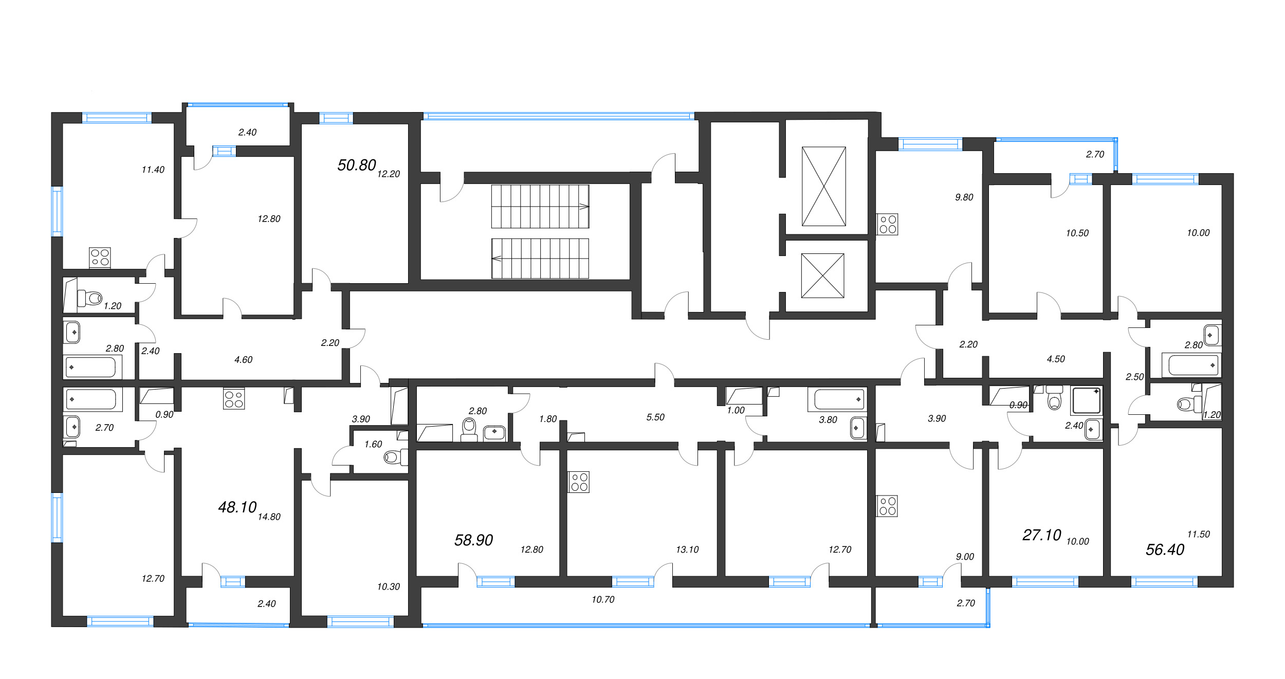 3-комнатная квартира, 56.4 м² - планировка этажа