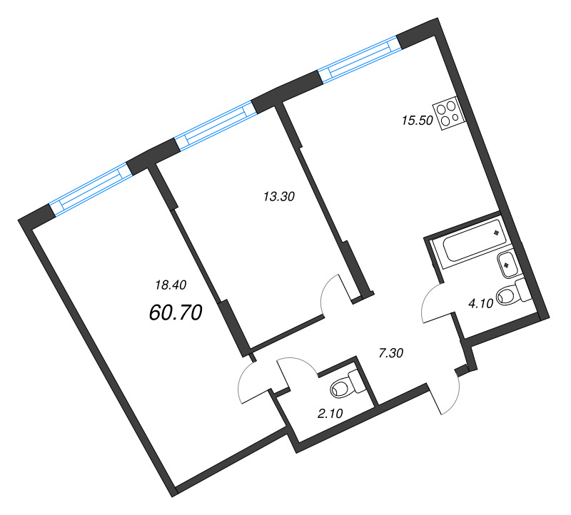 3-комнатная (Евро) квартира, 60.7 м² в ЖК "Ягодное Река Парк" - планировка, фото №1