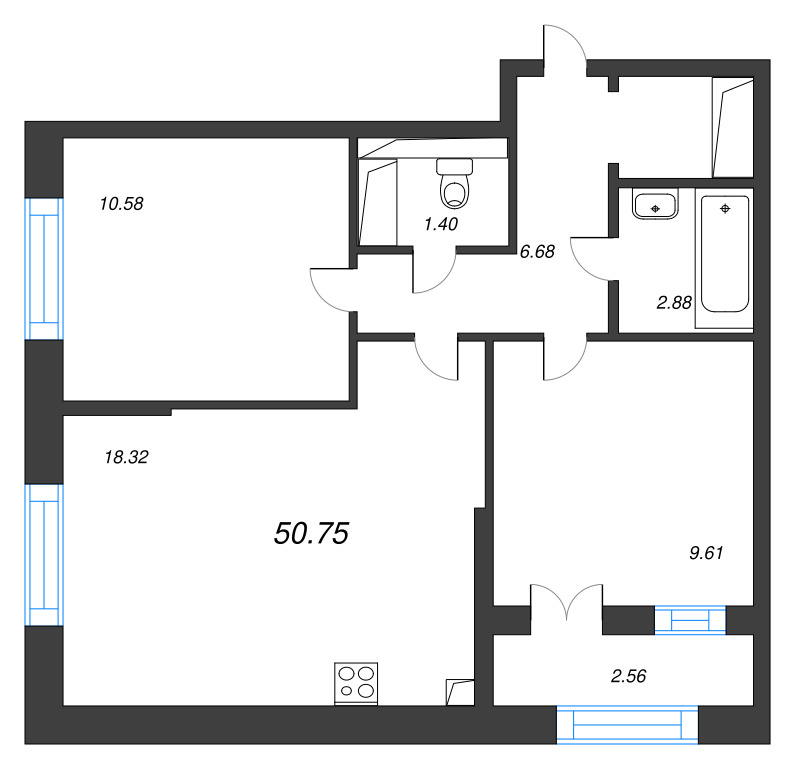 3-комнатная (Евро) квартира, 50.75 м² в ЖК "Цивилизация на неве" - планировка, фото №1