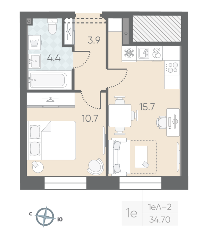1-комнатная квартира, 34.7 м² в ЖК "Большая Охта" - планировка, фото №1
