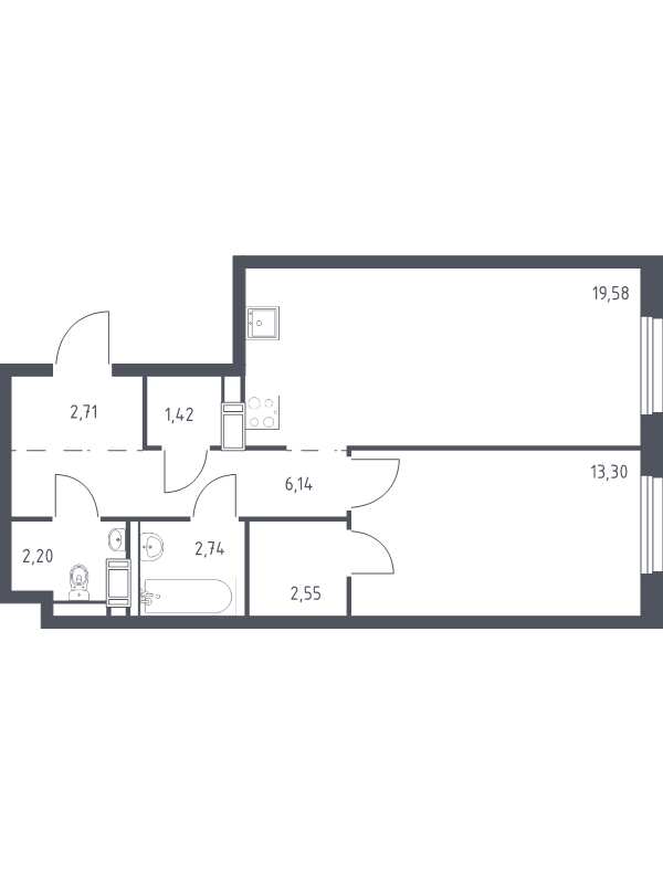 2-комнатная (Евро) квартира, 50.64 м² в ЖК "Квартал Торики" - планировка, фото №1
