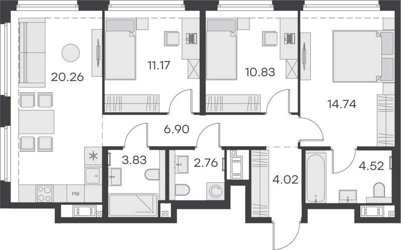 4-комнатная (Евро) квартира, 79.03 м² - планировка, фото №1