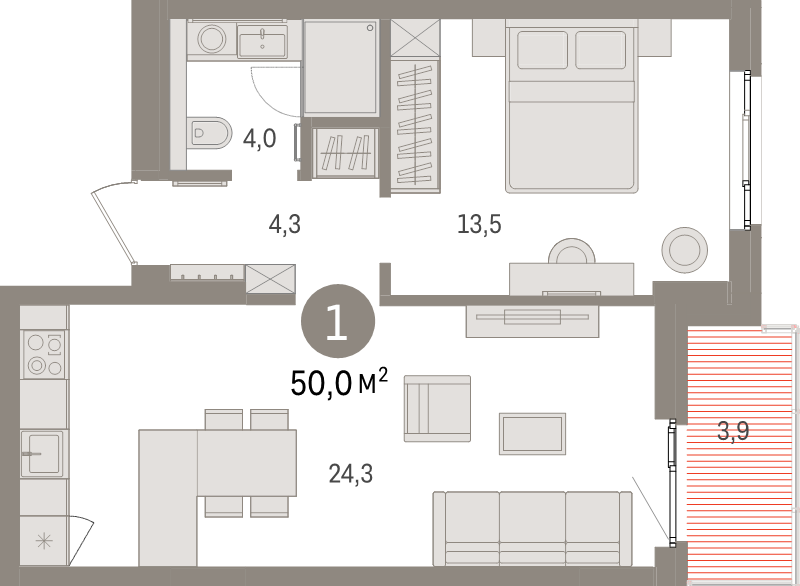 2-комнатная (Евро) квартира, 50 м² в ЖК "Брусника в Новоселье" - планировка, фото №1