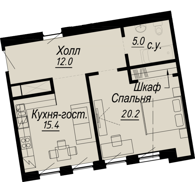 1-комнатная квартира, 53.5 м² - планировка, фото №1