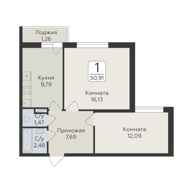 2-комнатная квартира, 50.91 м² - планировка, фото №1