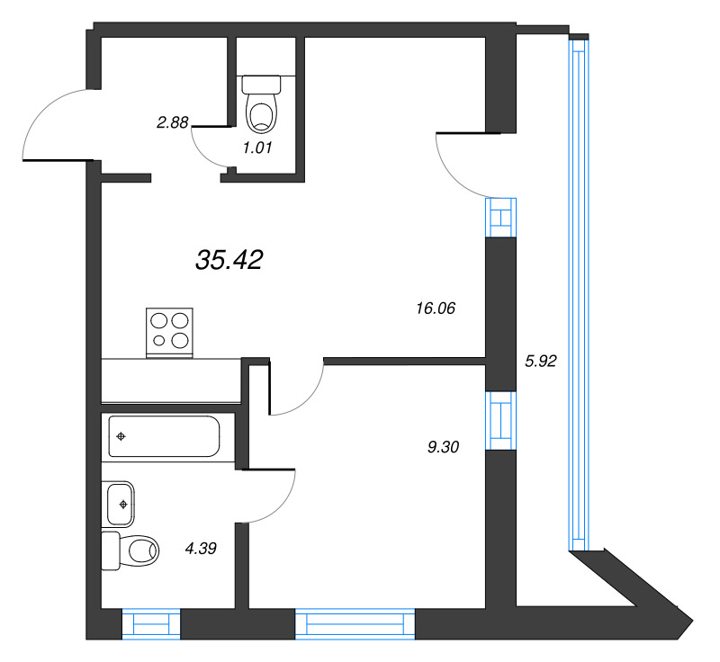 2-комнатная (Евро) квартира, 35.42 м² в ЖК "Старлайт" - планировка, фото №1