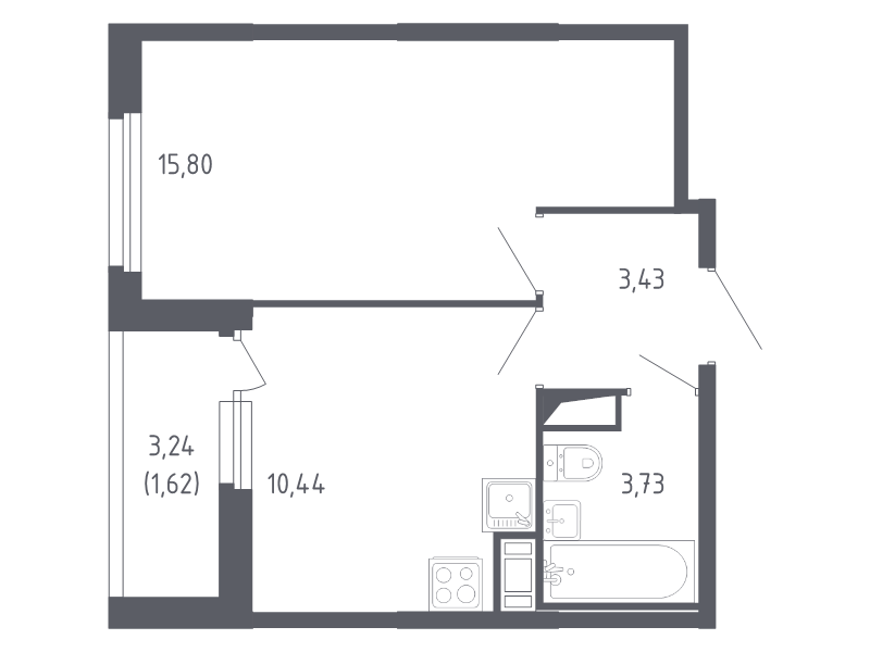 1-комнатная квартира, 35.02 м² - планировка, фото №1