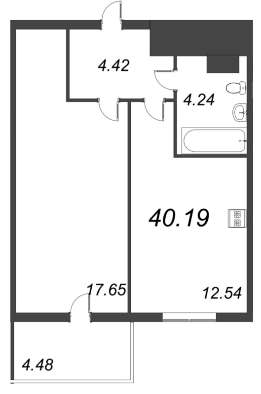 1-комнатная квартира, 40.19 м² - планировка, фото №1