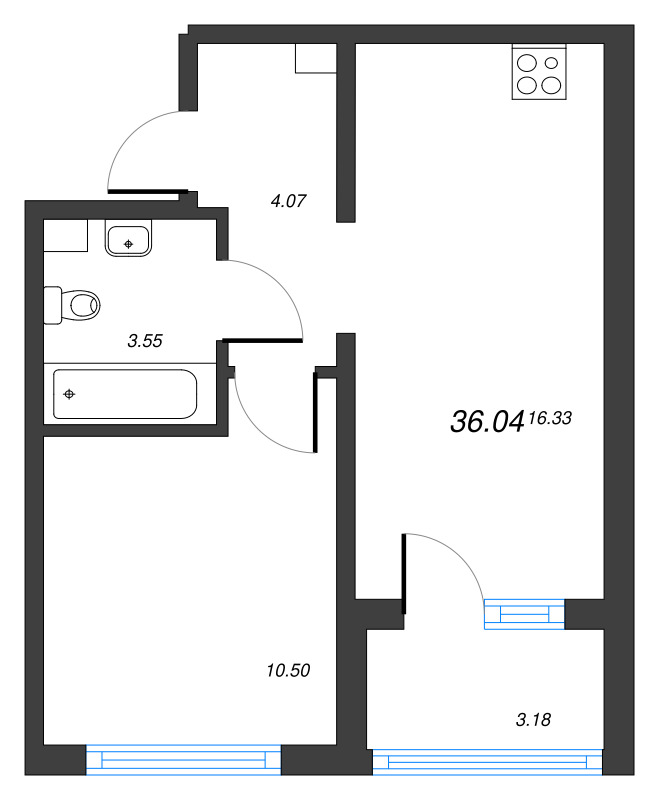 2-комнатная (Евро) квартира, 36.04 м² в ЖК "ЛесАрт" - планировка, фото №1