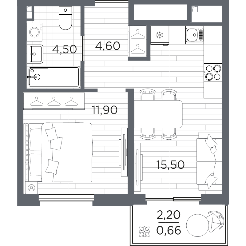 2-комнатная (Евро) квартира, 37.16 м² в ЖК "PLUS Пулковский" - планировка, фото №1