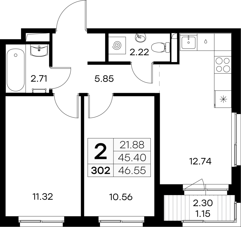 2-комнатная квартира, 46.55 м² в ЖК "GloraX Новоселье" - планировка, фото №1