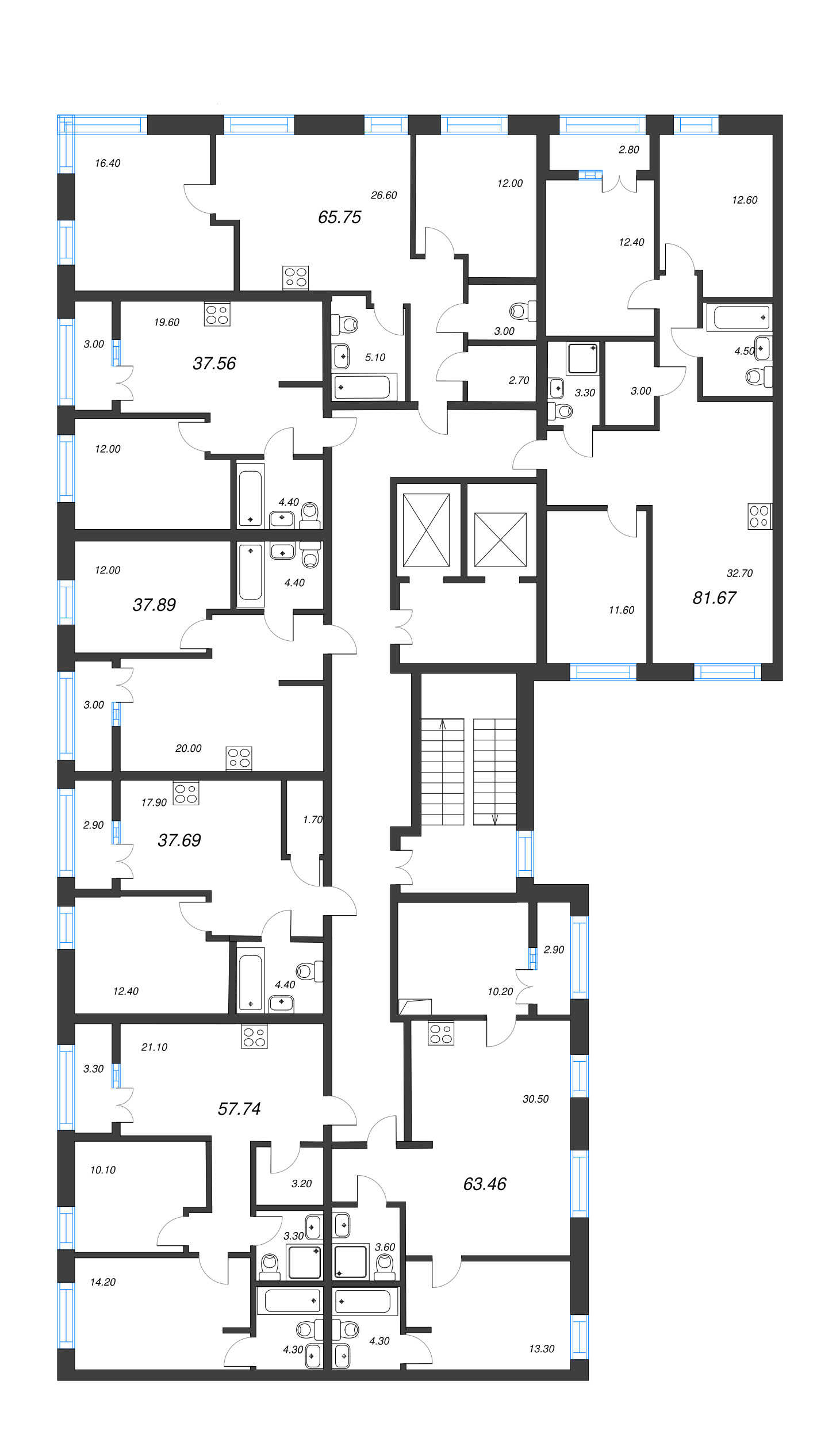 4-комнатная (Евро) квартира, 81.68 м² в ЖК "Новый Питер" - планировка этажа