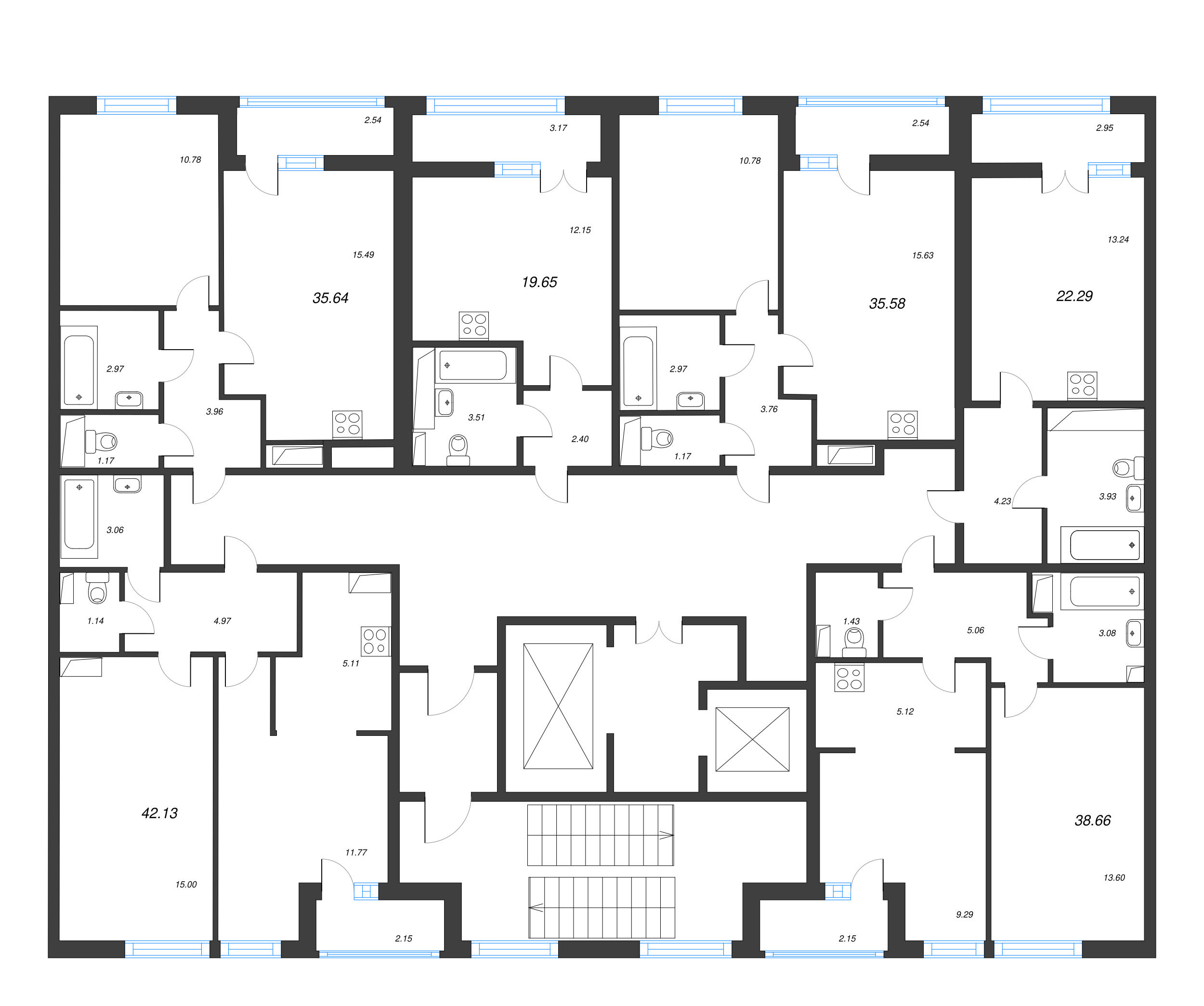 2-комнатная (Евро) квартира, 35.58 м² - планировка этажа