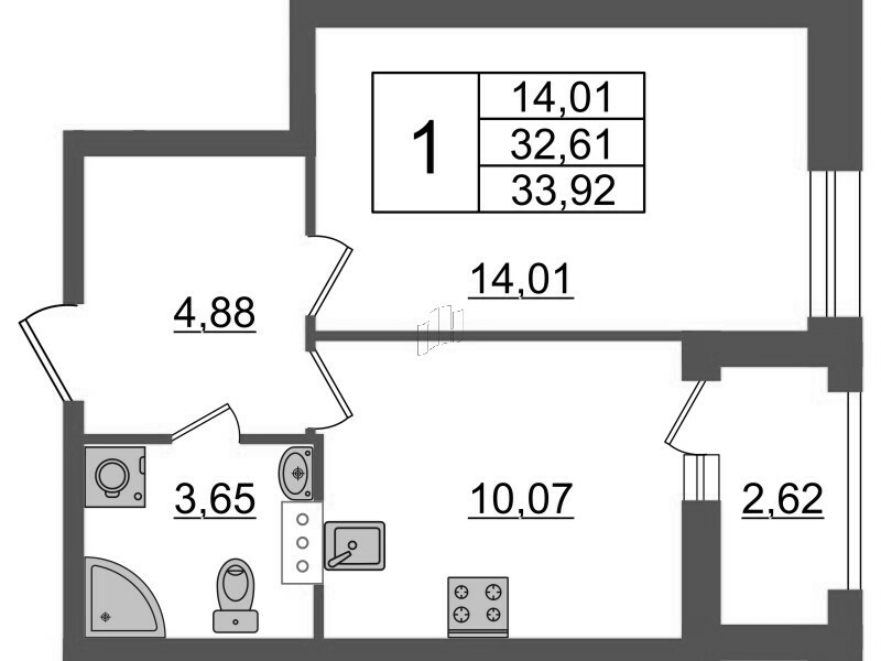 1-комнатная квартира, 33.92 м² - планировка, фото №1