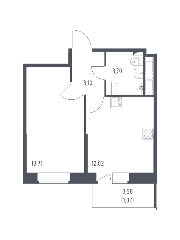 1-комнатная квартира, 33.6 м² - планировка, фото №1