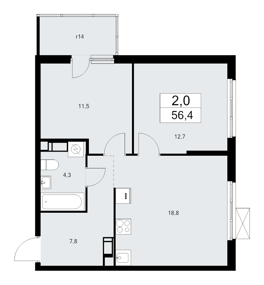 3-комнатная (Евро) квартира, 56.4 м² в ЖК "А101 Лаголово" - планировка, фото №1