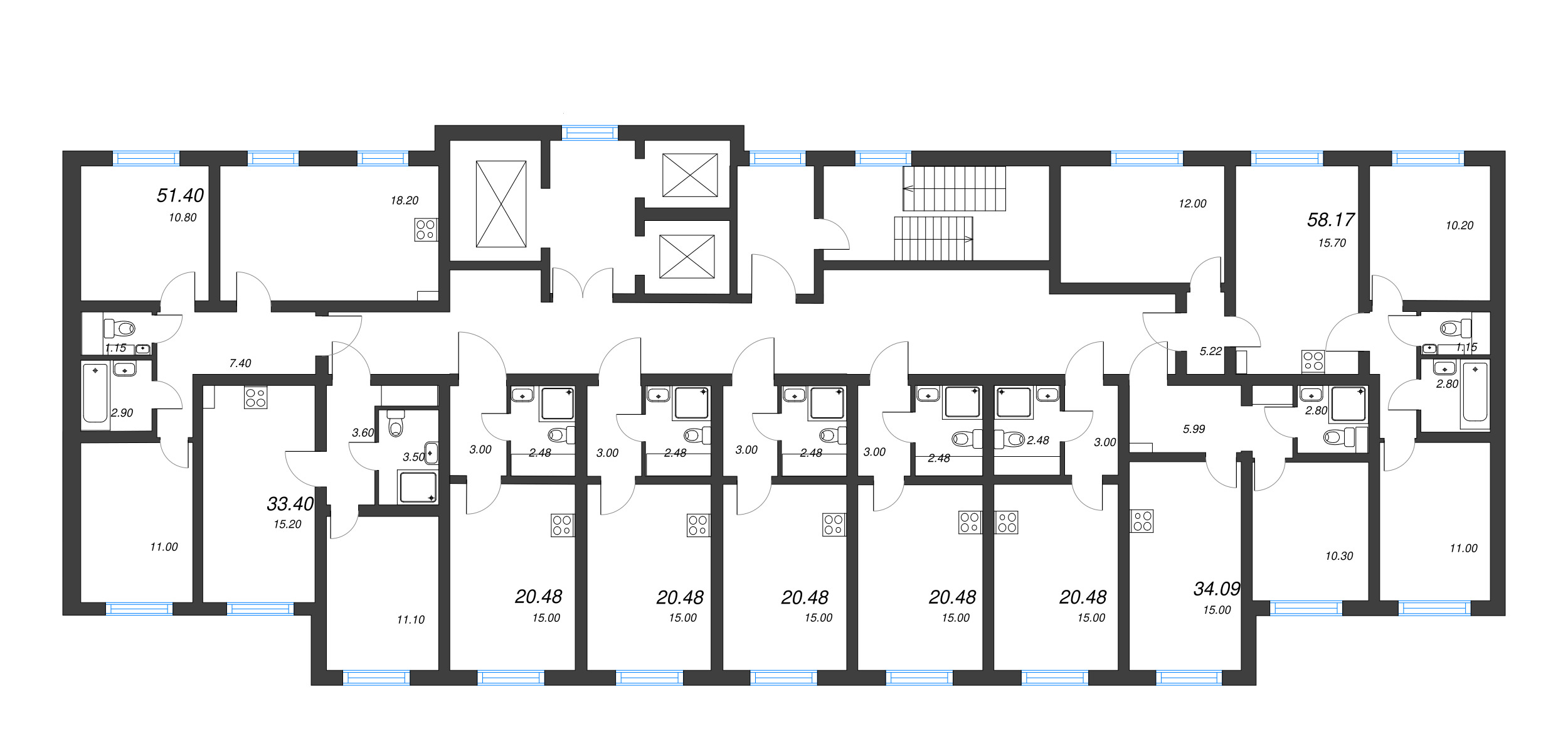 3-комнатная (Евро) квартира, 51.4 м² в ЖК "Ручьи" - планировка этажа