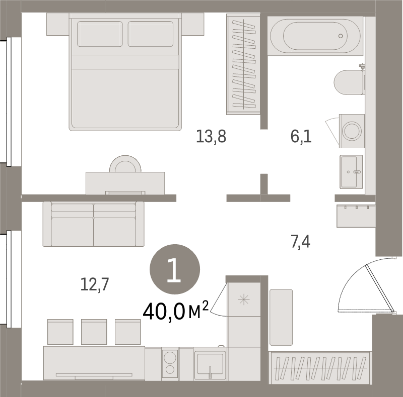 1-комнатная квартира, 40 м² - планировка, фото №1