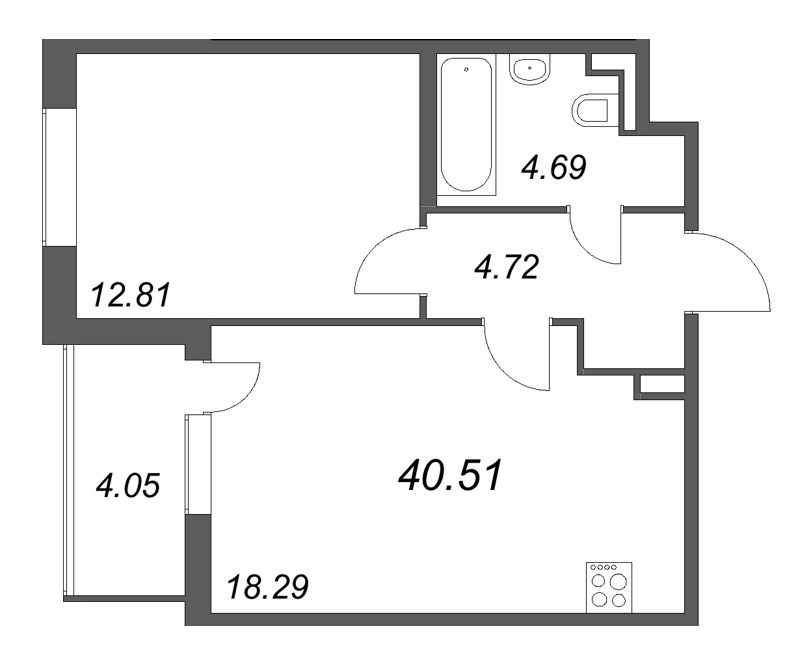 2-комнатная (Евро) квартира, 40.51 м² в ЖК "ЮгТаун" - планировка, фото №1