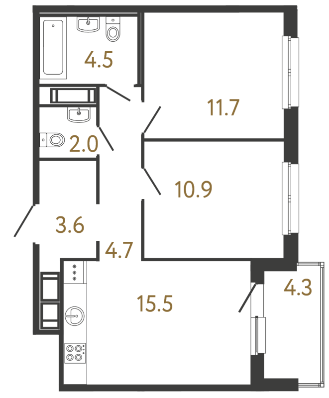 3-комнатная (Евро) квартира, 52.9 м² в ЖК "Передвижники" - планировка, фото №1