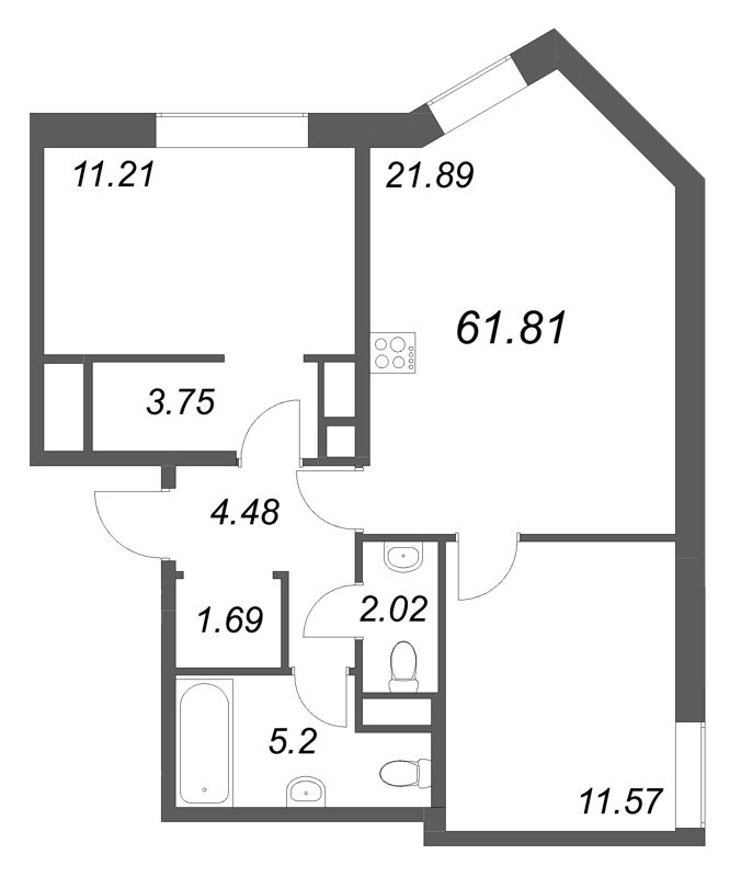 3-комнатная (Евро) квартира, 61.81 м² в ЖК "Соло. Петергоф" - планировка, фото №1