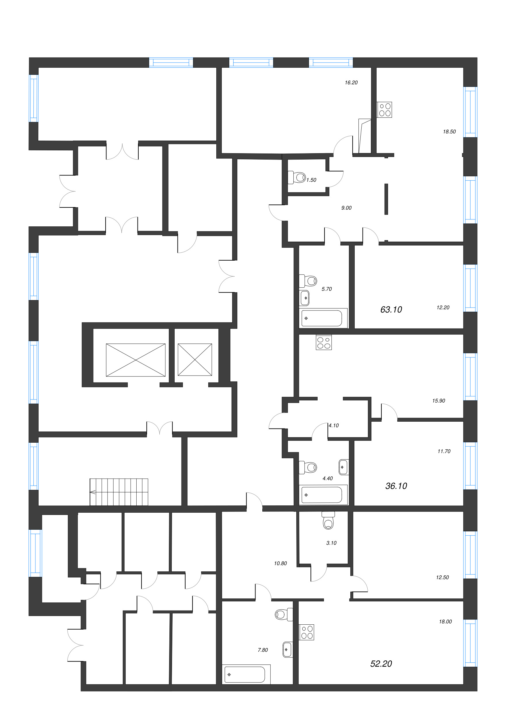 3-комнатная (Евро) квартира, 63 м² в ЖК "Струны" - планировка этажа