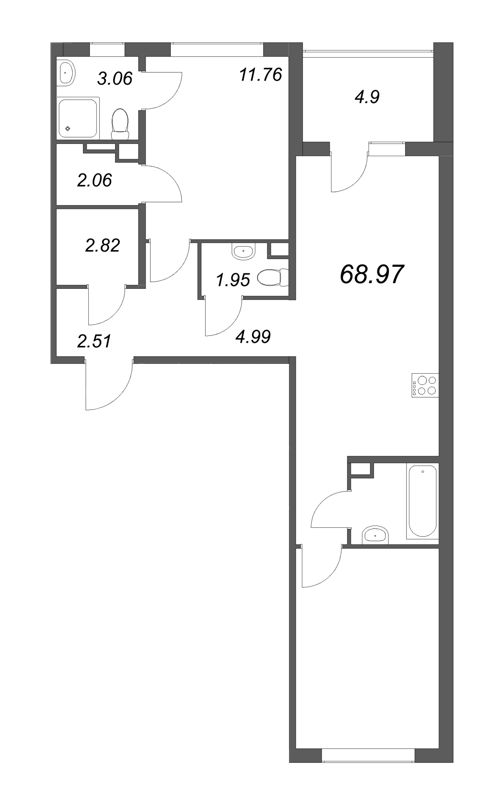 3-комнатная (Евро) квартира, 68.97 м² в ЖК "ЛесArt" - планировка, фото №1