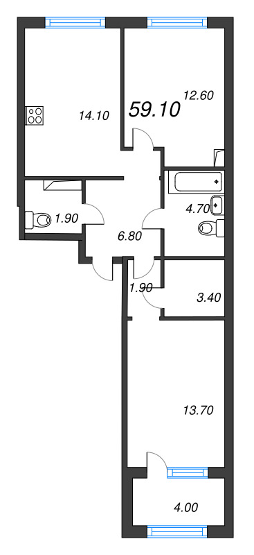 2-комнатная квартира, 59.1 м² в ЖК "Струны" - планировка, фото №1