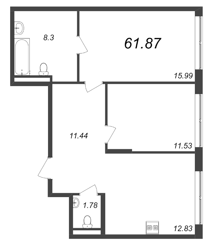 2-комнатная квартира, 61.87 м² в ЖК "GloraX Premium Василеостровский" - планировка, фото №1