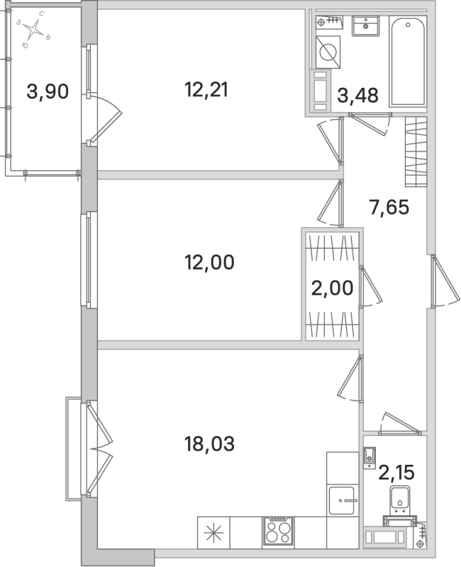 3-комнатная (Евро) квартира, 57.52 м² в ЖК "Любоград" - планировка, фото №1