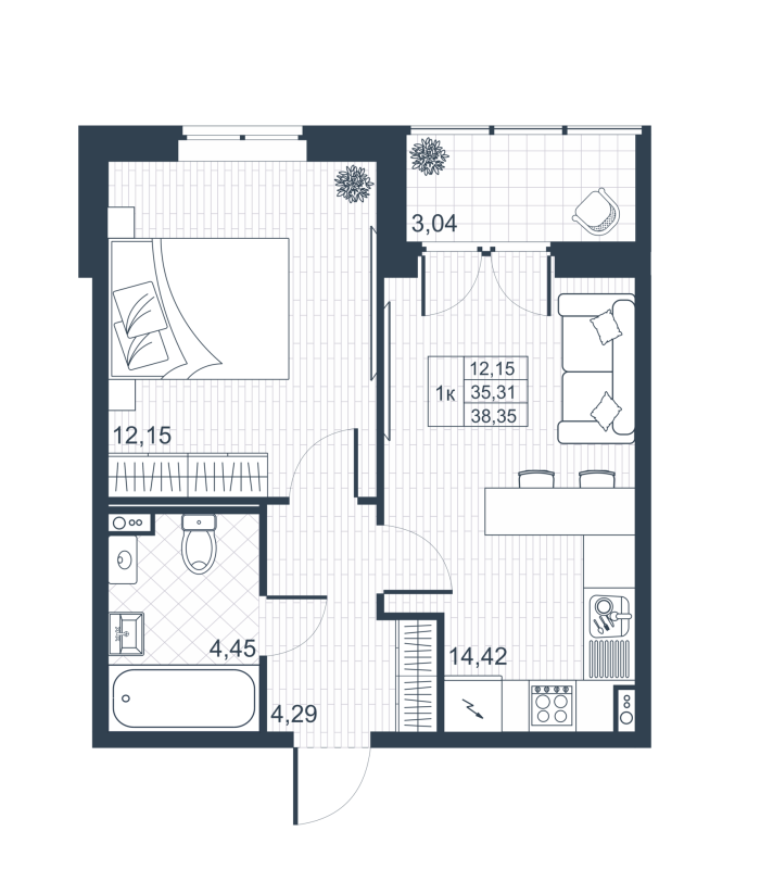 1-комнатная квартира, 35.1 м² в ЖК "Ново-Антропшино" - планировка, фото №1