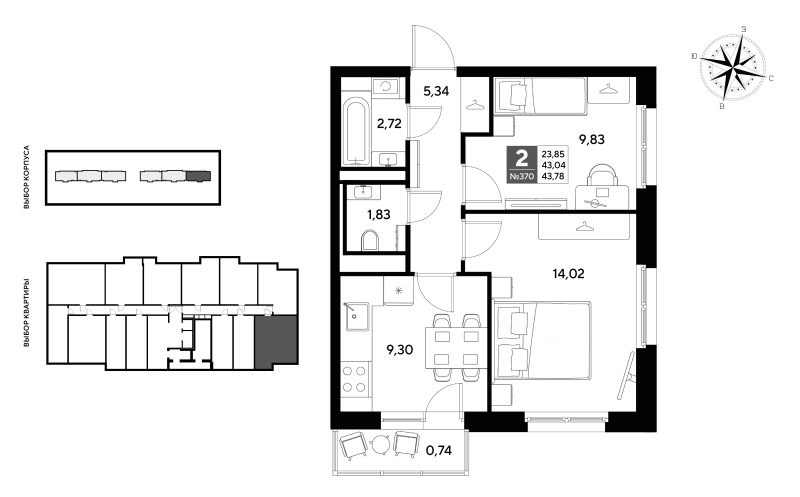2-комнатная квартира, 43.78 м² в ЖК "Догма Юкки" - планировка, фото №1