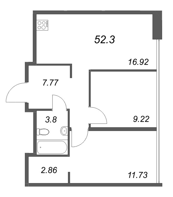 3-комнатная (Евро) квартира, 52.3 м² в ЖК "Avant" - планировка, фото №1