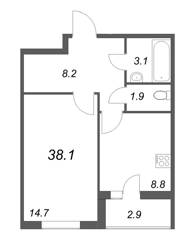 1-комнатная квартира, 38.1 м² - планировка, фото №1