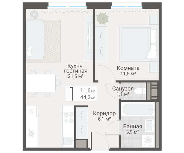 2-комнатная (Евро) квартира, 44.2 м² в ЖК "Руднева 15" - планировка, фото №1
