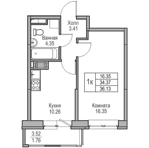 1-комнатная квартира, 36.13 м² в ЖК "Юнтолово" - планировка, фото №1