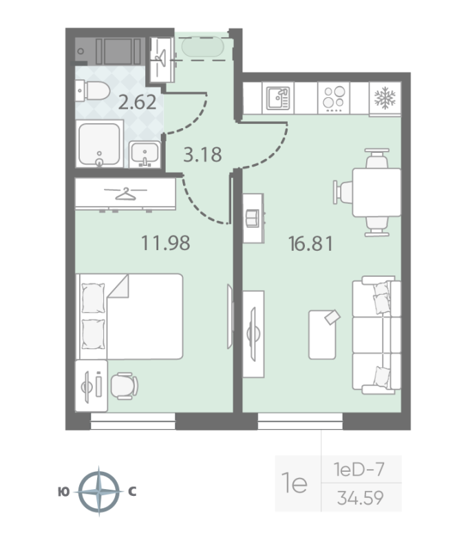 2-комнатная (Евро) квартира, 34.59 м² - планировка, фото №1