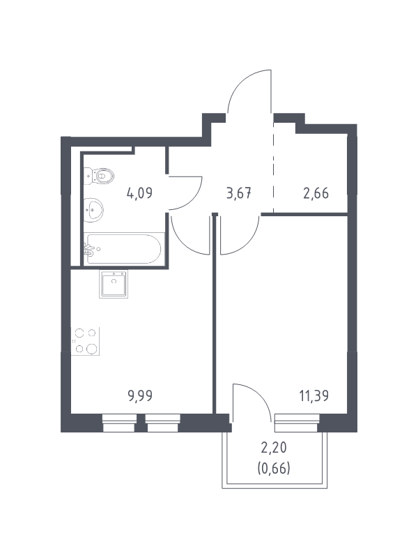 1-комнатная квартира, 32.46 м² - планировка, фото №1