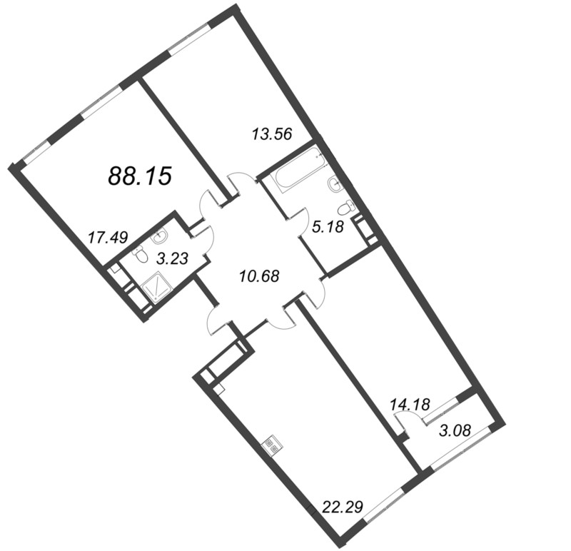 3-комнатная (Евро) квартира, 88.15 м² - планировка, фото №1