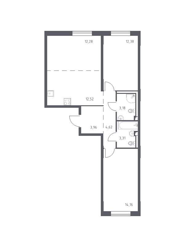 3-комнатная (Евро) квартира, 66.41 м² - планировка, фото №1