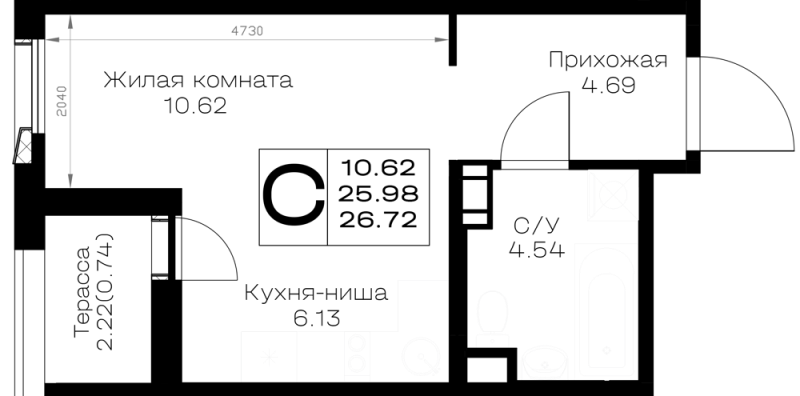 Квартира-студия, 26.72 м² в ЖК "Борский" - планировка, фото №1