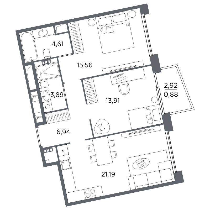 3-комнатная (Евро) квартира, 66.98 м² в ЖК "Акватория" - планировка, фото №1