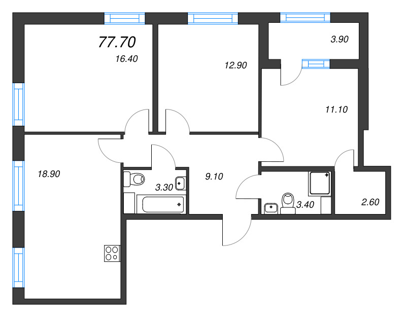 4-комнатная (Евро) квартира, 77.7 м² в ЖК "Дубровский" - планировка, фото №1